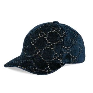 GUCCI GG Blue Baseball VELVET CAP HAT with logo, jacquard design, New